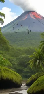 Volcano eruption and lush jungle landscape.