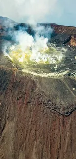 Aerial view of an active volcano’s smoky crater with earthy tones.