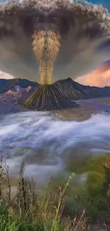 Dramatic volcano eruption with lush green foreground.