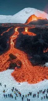 Volcano with flowing lava surrounded by snow.