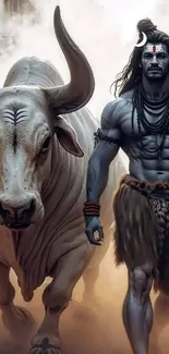 Warrior walking beside a bull in a mystical scene.