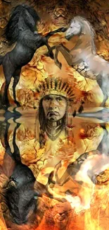 Vibrant wallpaper with Native warrior and horses in fiery setting.