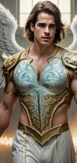 Majestic warrior angel with wings in ornate armor.