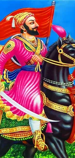 Colorful depiction of a warrior on a horse in traditional attire.