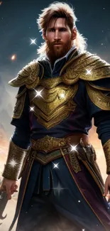 A majestic warrior in golden armor with a dramatic fantasy backdrop.