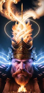 Majestic warrior king with fire and divine elements on mobile wallpaper.