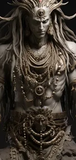 Intricate mystical warrior art sculpture with detailed ornaments.