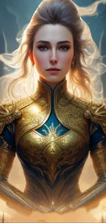 Majestic female warrior with golden armor in a fantasy setting.