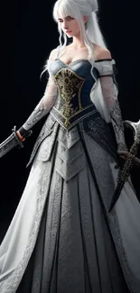 Majestic warrior princess in elegant gown with sword.