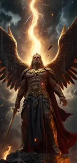 Winged warrior stands with lightning in dramatic fantasy scene.