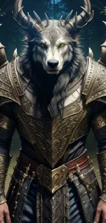 Warrior wolf in detailed armor amidst a dark, mysterious forest.