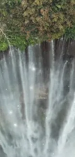 Aerial view of a majestic waterfall with lush greenery.