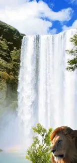 Majestic waterfall with a lion in the foreground, under a blue sky.