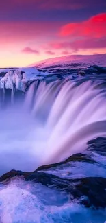 Majestic waterfall with vibrant sunset sky