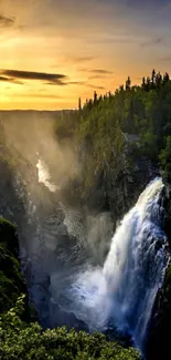 Waterfall cascading down a lush canyon at sunset with mist rising.