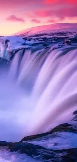 Majestic waterfall cascading at sunset with vibrant purple sky.