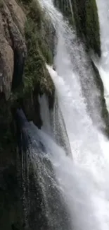 Cascading waterfall amidst lush greenery.