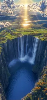 Surreal waterfall in a dramatic landscape with clouds and sunlight.