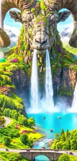 Majestic waterfall flowing from a stone ram's head in a vibrant fantasy landscape.