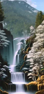 Majestic forest waterfall with lush greens and snowy trees.