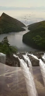 Surreal waterfall illusion with lush greenery and stunning scenery.