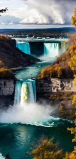 Majestic waterfall flowing through a lush landscape with azure waters.