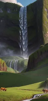 Waterfall cascading down lush green cliffs creating a serene landscape wallpaper.