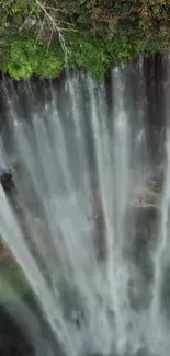 Aerial view of a cascading waterfall surrounded by lush green foliage.