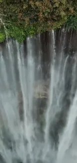 Aerial view of a majestic waterfall with lush green foliage above.