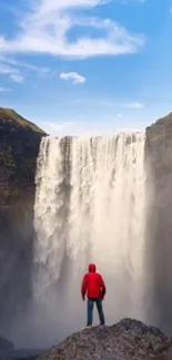 Person in red jacket facing a majestic waterfall under a blue sky.