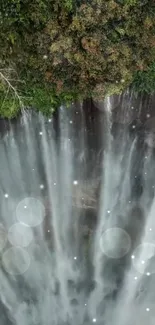 Majestic waterfall with mist in lush green forest.