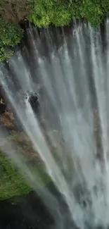 Majestic waterfall cascading through vibrant green forest.