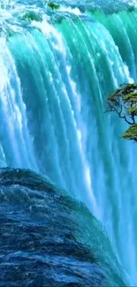 Majestic waterfall with turquoise waters and a tree on a cliff.