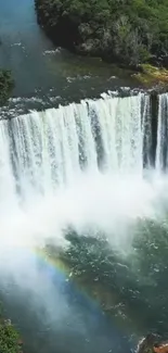 Majestic waterfall with lush greenery and serene river view.