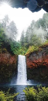 Serene waterfall with lush greenery and a clear sky in the background.