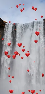 Majestic waterfall with birds soaring above in a scenic landscape.