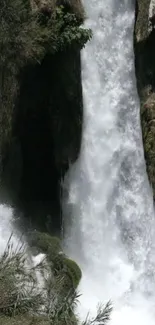 Majestic waterfall with lush greenery surrounding.