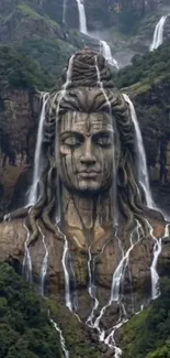 Majestic waterfall sculpture in lush landscape.