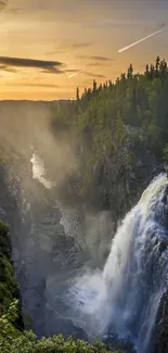 Waterfall cascading at sunrise with a forested backdrop.