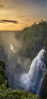 Majestic waterfall cascading at sunset between lush forested canyon walls.