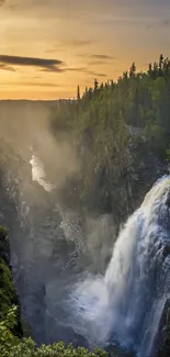 Majestic waterfall at sunset with lush forest.