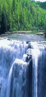 Majestic waterfall flowing in a lush green forest background.