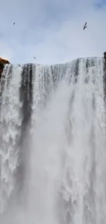 Majestic waterfall cascading down rocky cliffs.