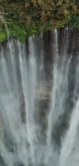 Vertical waterfall with lush green surroundings.