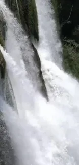 Majestic waterfall with lush greenery in a serene nature setting.