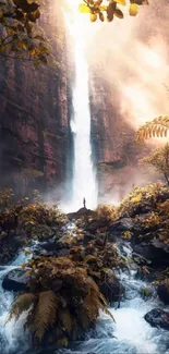 Majestic waterfall and lush foliage in golden light.