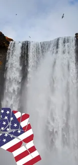 Majestic waterfall with American flag theme.