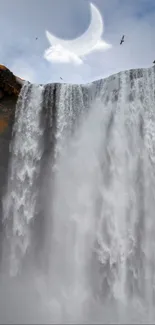 Waterfall beneath a crescent moon in the sky, creating a serene and majestic scene.