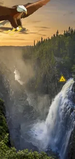 Eagle soaring over scenic canyon waterfall.