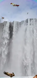 Waterfall with rainbow and airplane flying above in scenic nature view.